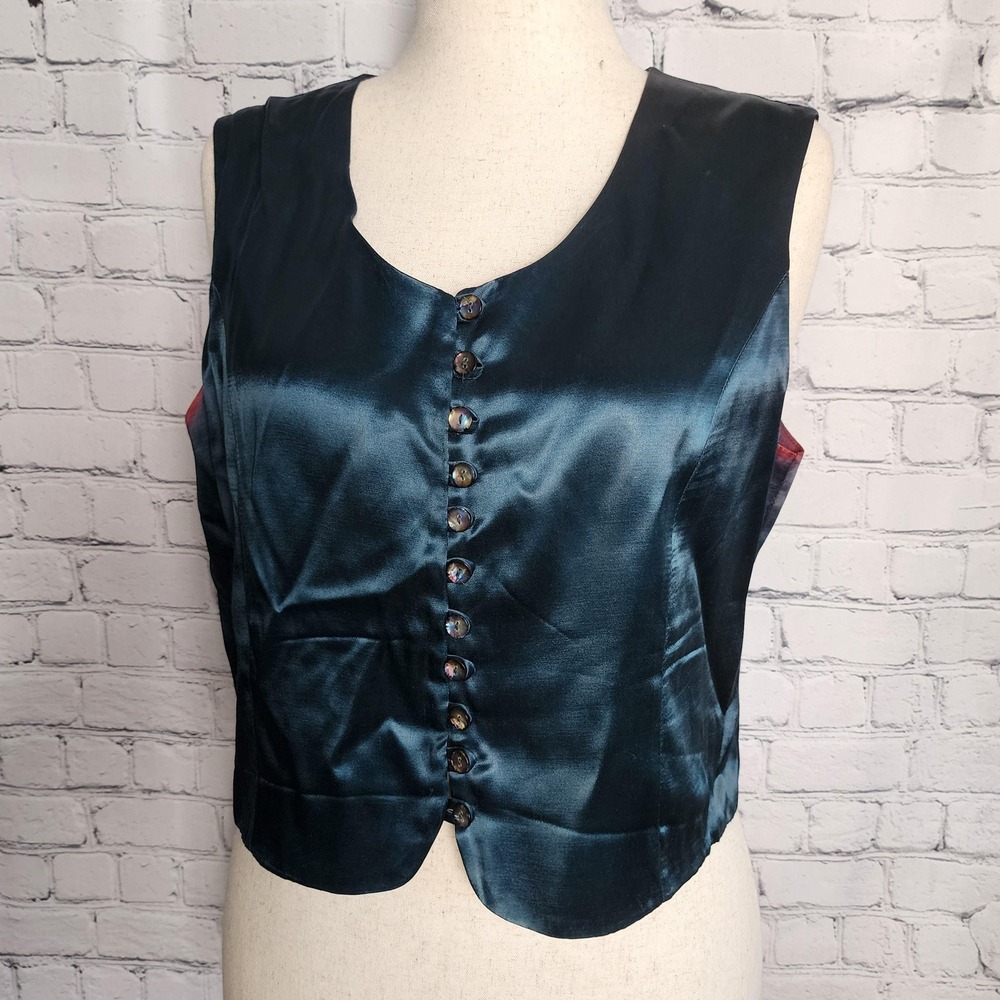 L deep teal shiny satin vintage button up vest by Iilyse Hart Ltd, women's large